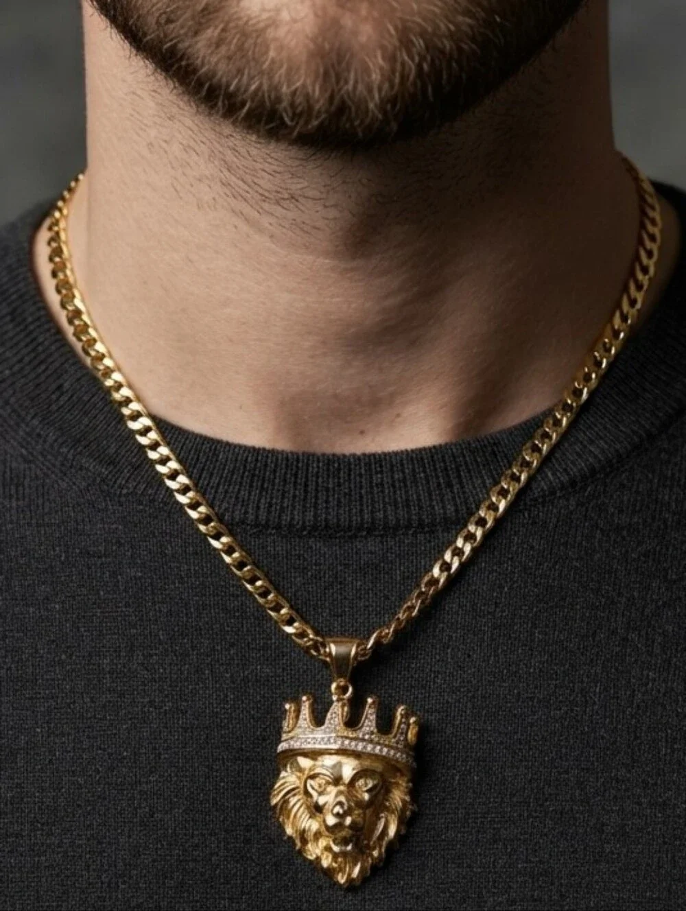 Gold Plated  Stainless Steel Lion Crown Pendant Necklace - Bold Statement Piece